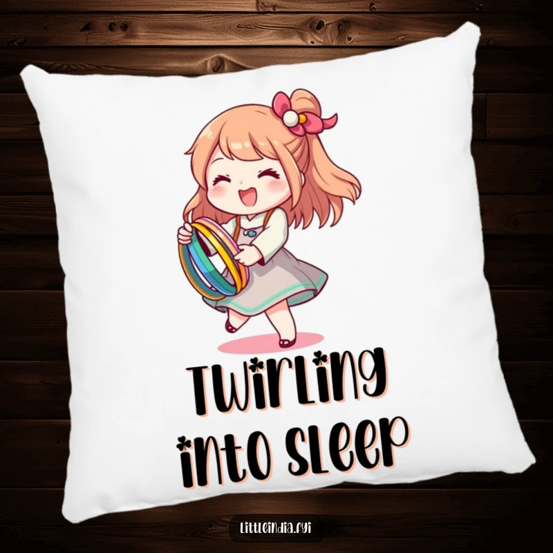 Funny pillow with a happy character twirling with colorful bangles, bringing soft, vibrant humor.