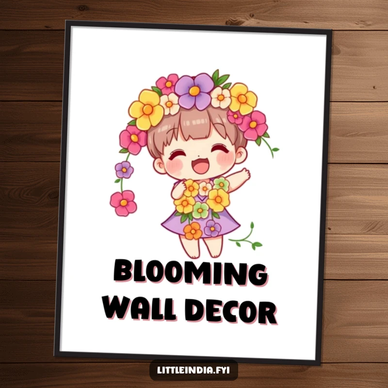 Funny digital art print of a character wearing a vibrant flower garland, gently swaying with a peaceful and happy expression.