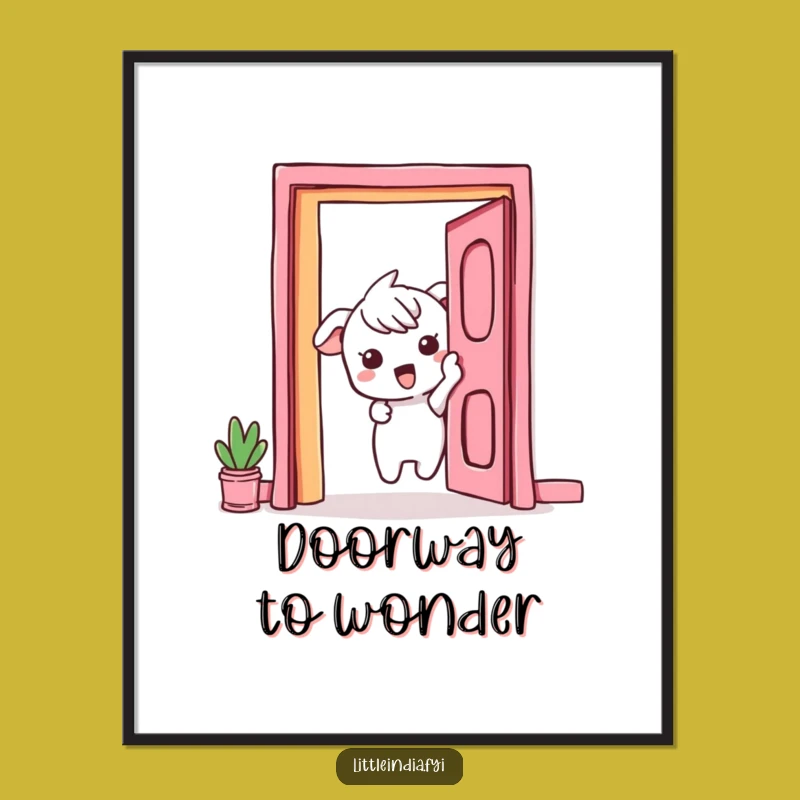Funny Curious Peek Digital Art: Exciting Character's Vibrant Doorway Print