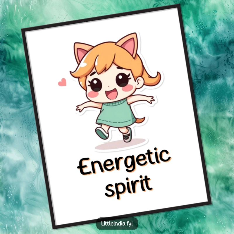 Funny Digital Art Print: Playful character performing a joyful, energetic skip, radiating happiness and lighthearted fun.