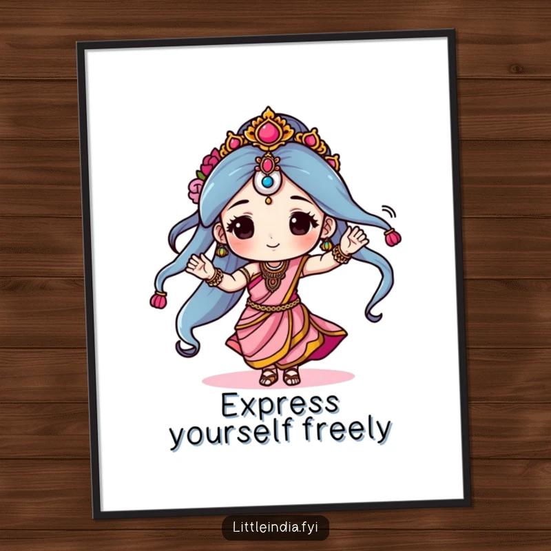 Funny digital art print of a character gracefully dancing in a sari, ready to be printed and framed, bringing laughter and color instantly.