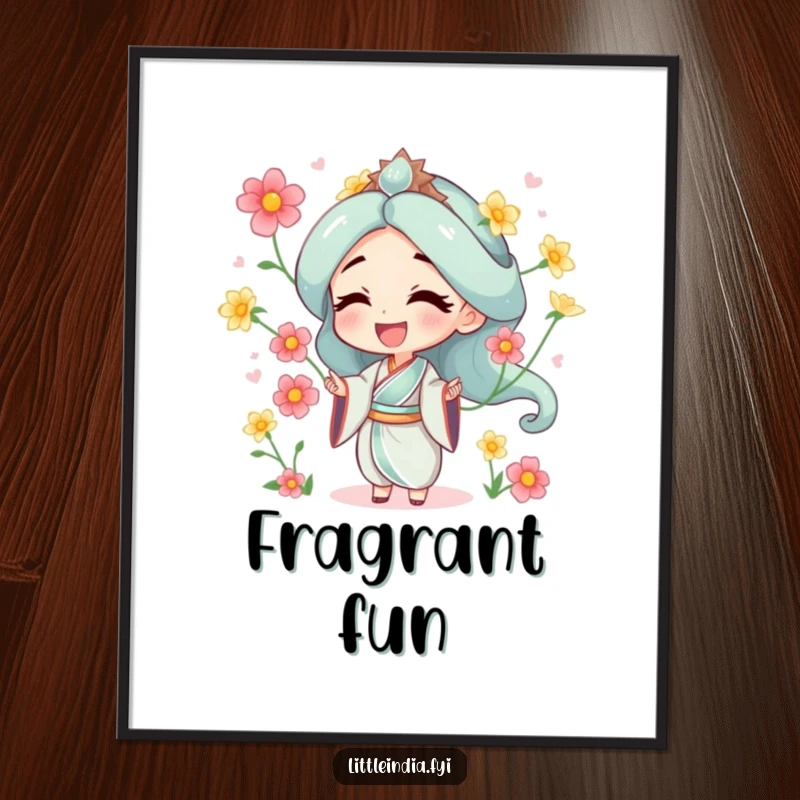 Funny digital art print of a character juggling jasmine flowers, evoking feelings of joy, beauty, and lightheartedness.