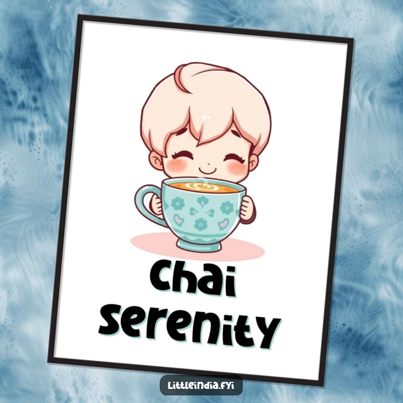 Funny Digital Art Print: Smiling character contentedly enjoying a steaming cup of chai, bringing a cozy and peaceful vibe.