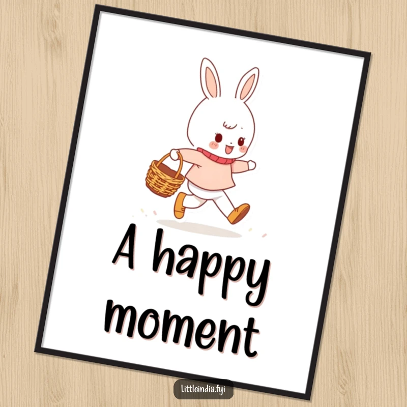 Funny Digital Art Print of a cheerful character joyfully skipping with a small woven basket, embodying radiant happiness and perfect for digital display or print.