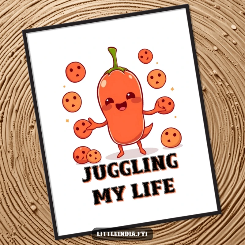 Funny, high-resolution digital art print of a chili pepper character juggling idlis, ready for immediate download and display.