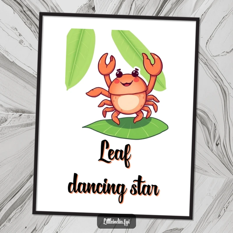 Funny, high-resolution digital art print of a crab dancing flamboyantly on a banana leaf, ready for download.