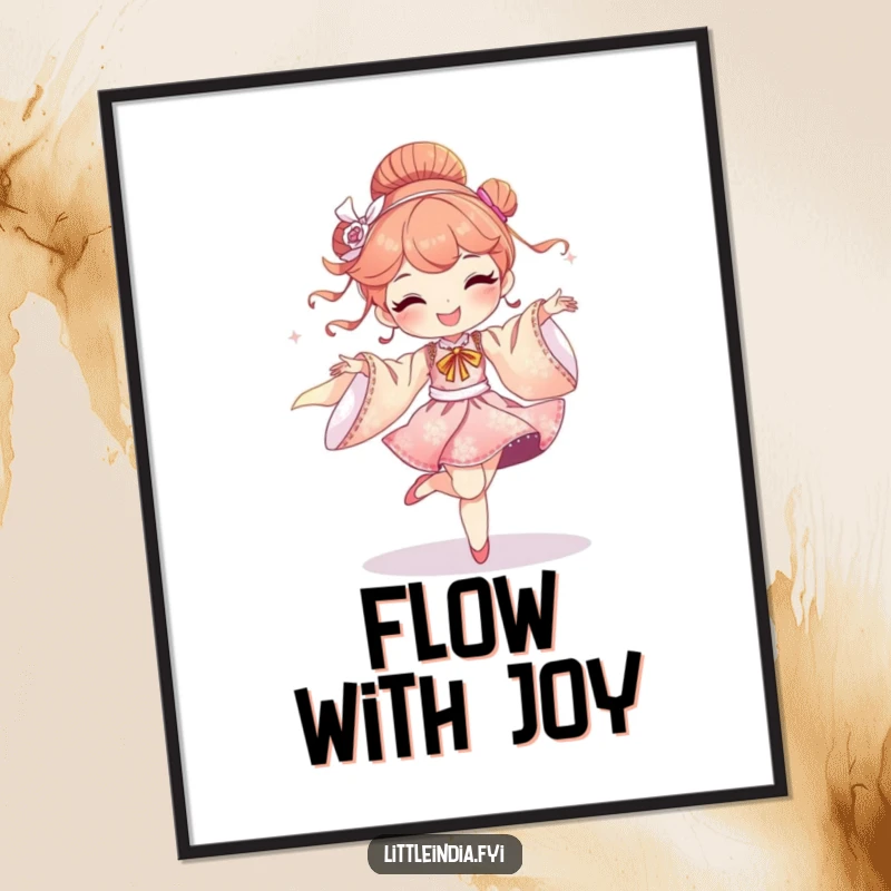 Funny digital art print: a delighted character joyfully dancing with shimmering silk fabrics, creating a graceful and happy scene.