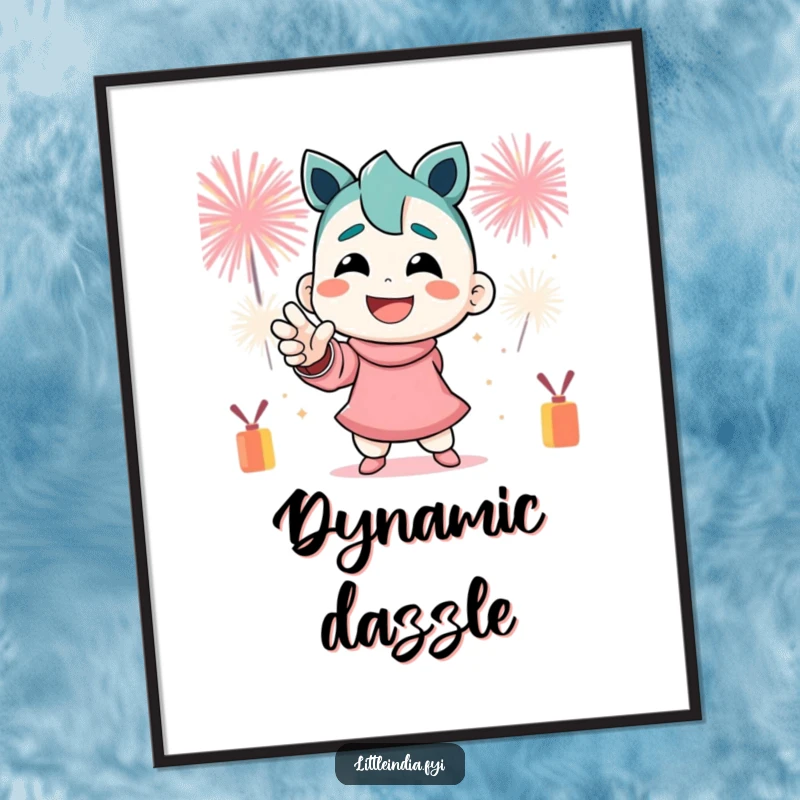 Funny Digital Art Print: A smiling character strikes a dynamic pose with festive firecrackers bursting energetically all around.