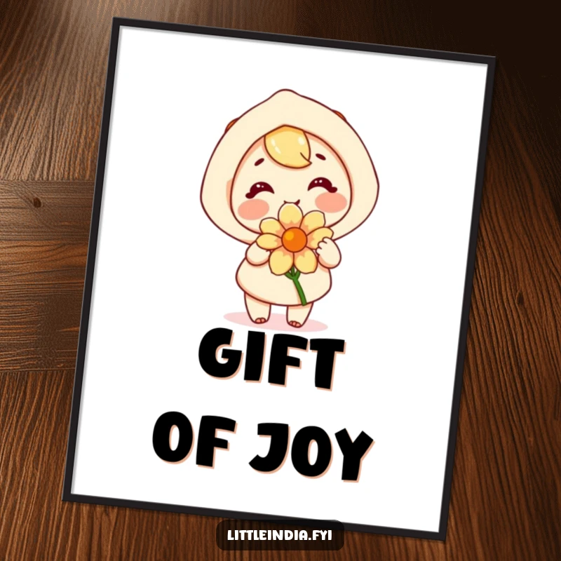 Funny digital art print: a happy character joyfully offering a fragrant flower, creating a warm and inviting scene.