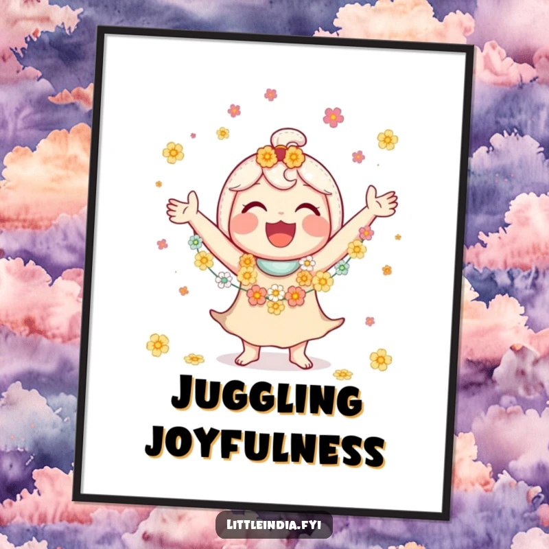 Funny digital art print of a jubilant character juggling small flower garlands with a big, happy smile.