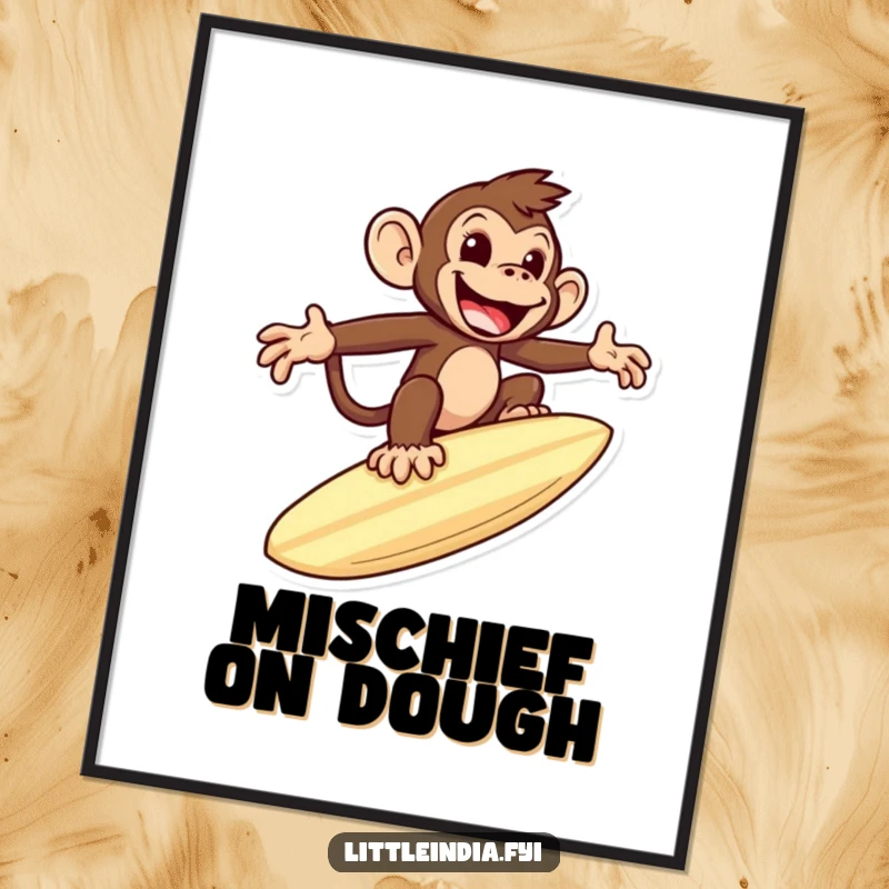 Funny digital art print of a mischievous monkey riding a giant roti like a surfboard, adding wild and humorous flair.