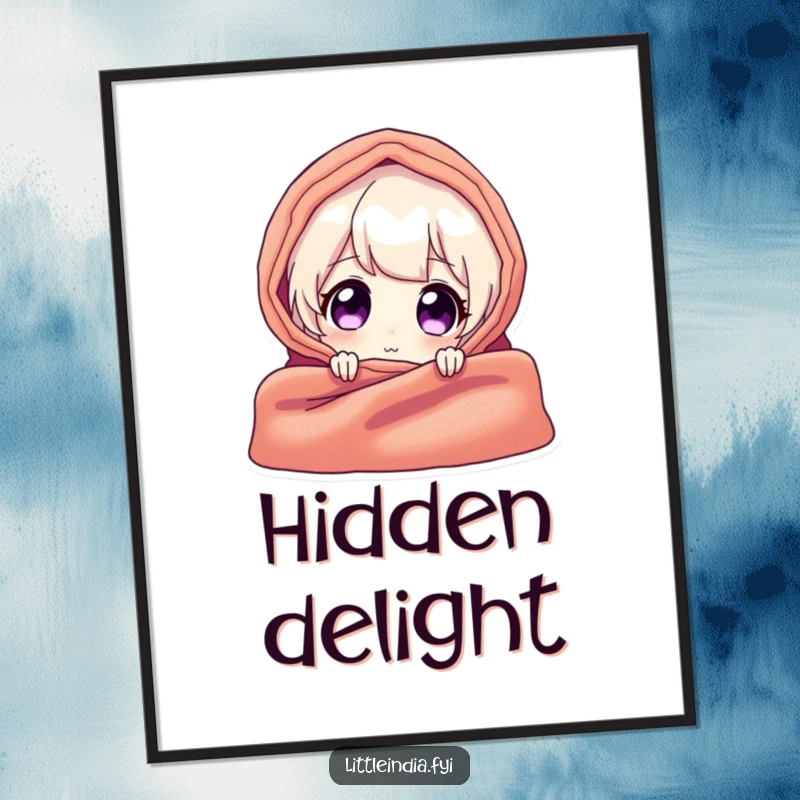 Funny digital art print of a delighted character peeking from behind a vibrant textile, conveying playful mystery and artistic humor.