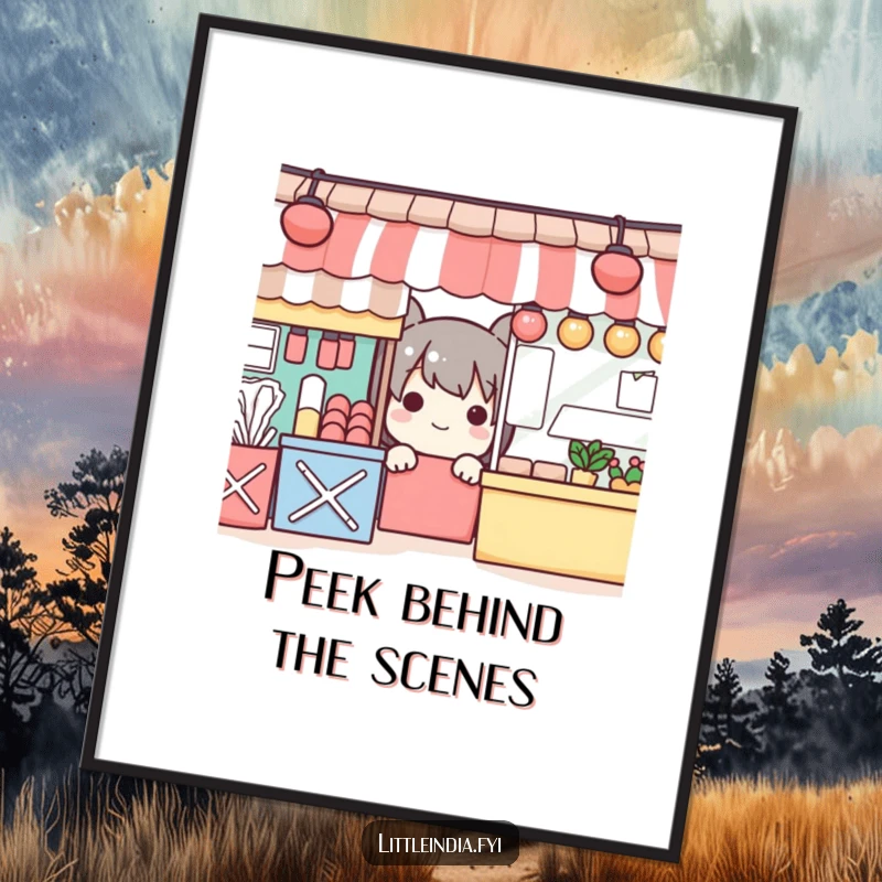 Funny digital art print: a playful character peeking from colorful market stalls, adding a touch of whimsy and fun.