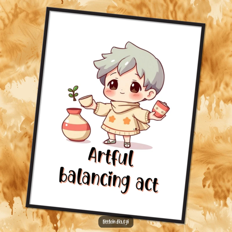 Funny Digital Art Print: A curious character juggling small, decorative pottery pieces, perfect for artistic home decor.