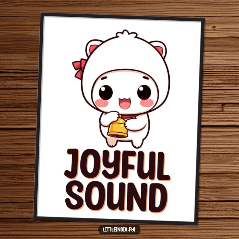 Funny digital art print of a happy character ringing a small bell, perfect for instant wall decor and humor.