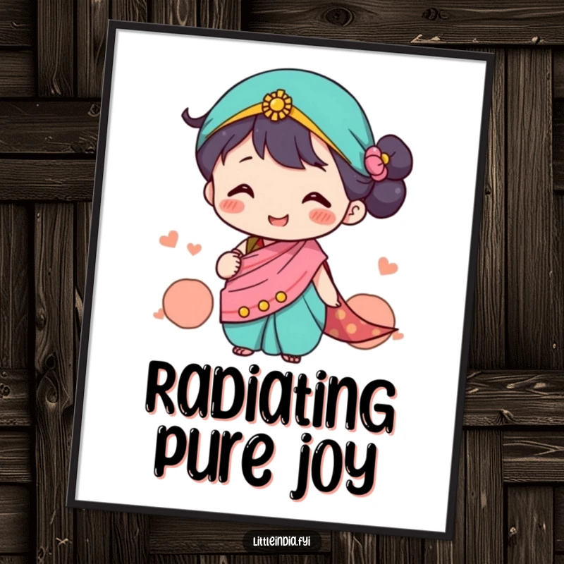 Funny Digital Art Print of a cute character in a tiny sari happily exchanging smiles, ready for instant download, a joyful funny gift.