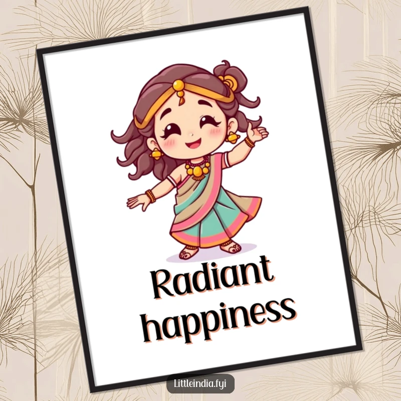 Funny digital art featuring a smiling character in a colorful sari, dancing joyfully, perfect for vibrant decor.