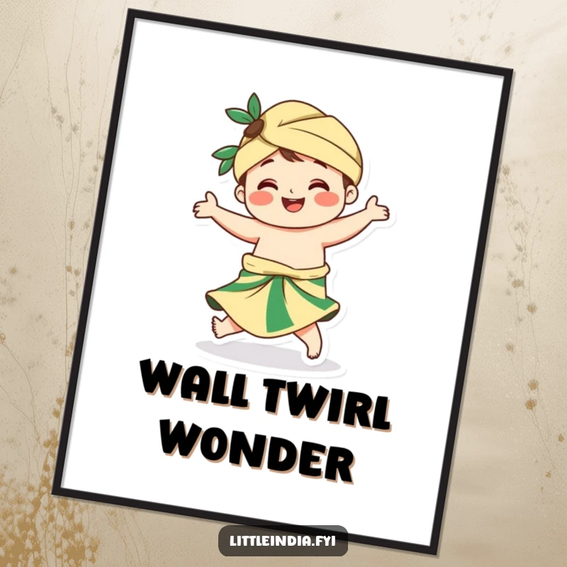 Funny digital art print of a smiling character in a sarong, dynamically twirling with infectious joy and vibrant energy.