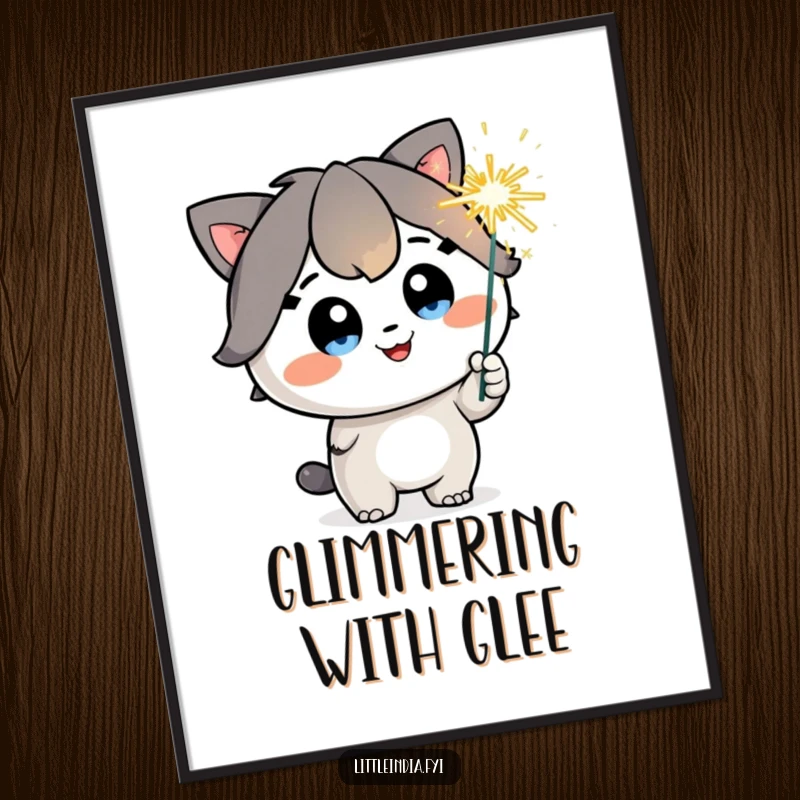 Funny Digital Art Print: A happy character with sparkling eyes holds a playful sparkler, radiating pure celebratory bliss.