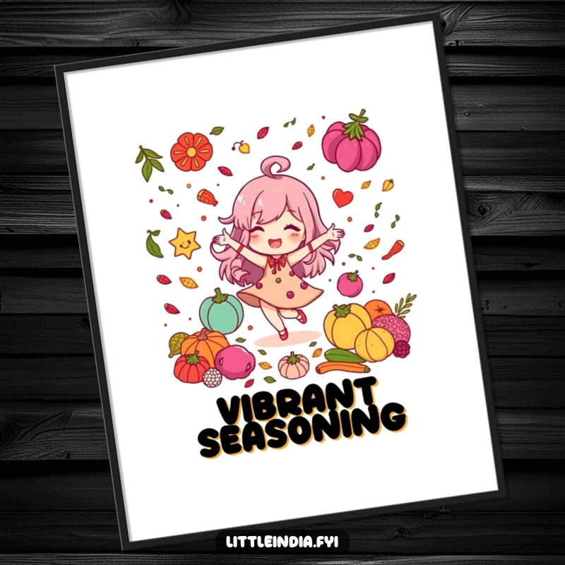 Funny Digital Art Print: Delighted character joyfully dancing amidst a kaleidoscope of colorful spices, creating a vibrant scene.