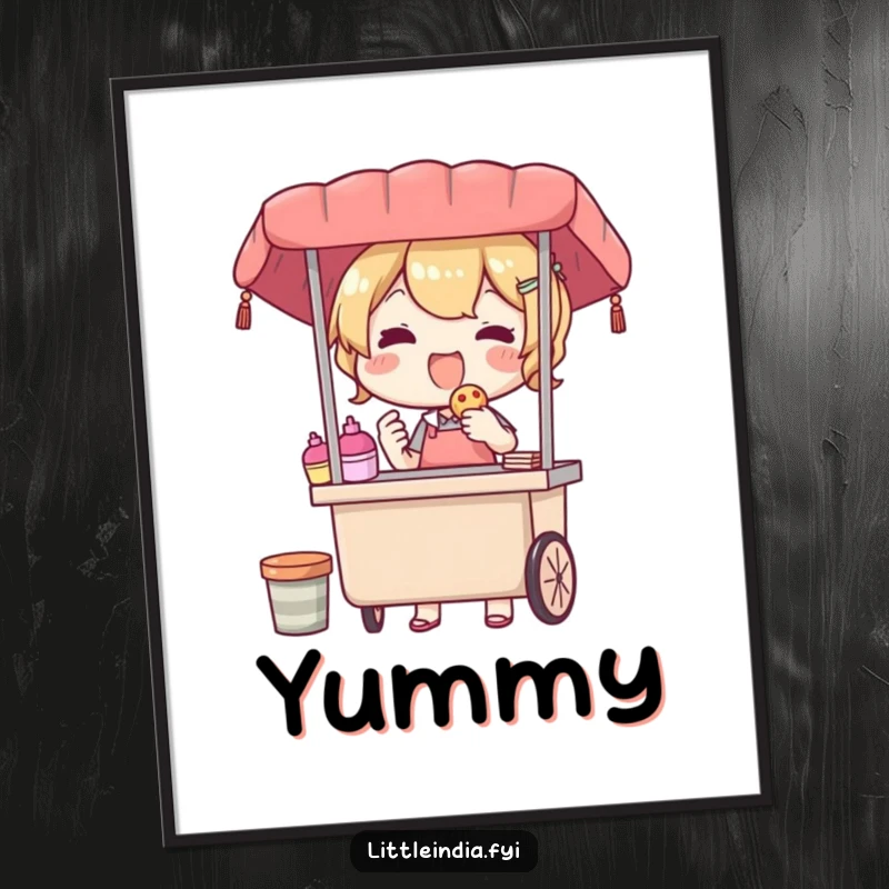 Funny digital art print of a delighted street vendor character offering a treat, offering warm generosity and a comforting sense of vibrant, happy sharing.