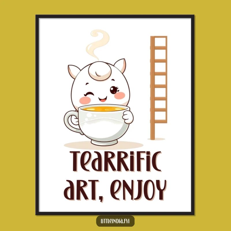 Funny Warm Tea Art Print: Digital Smiling Character - Instant Cozy Decor