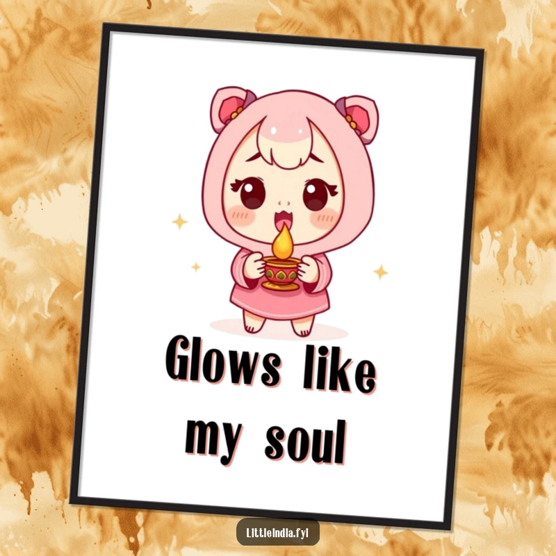 Funny Digital Art Print of an excited character holding a small diya lamp, offering humorous festive wall decor.