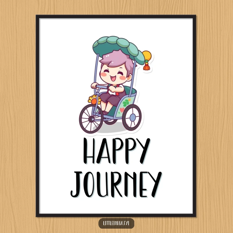 Funny digital art print of a character with a wide, playful grin riding a colorful, decorated rickshaw in a cheerful setting.
