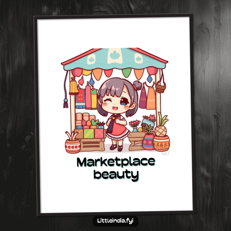 Funny digital art print of a delighted character decorating a market stall with colorful textiles, full of life.