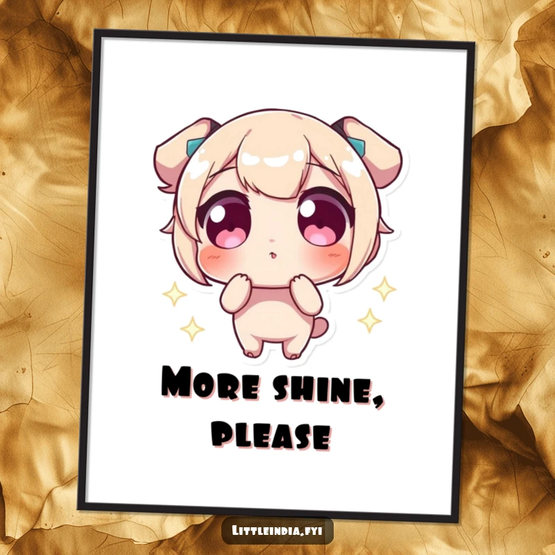 Funny Digital Art Print of a character with wide eyes marveling at bright, sparkling lights, offering humorous wall decor.