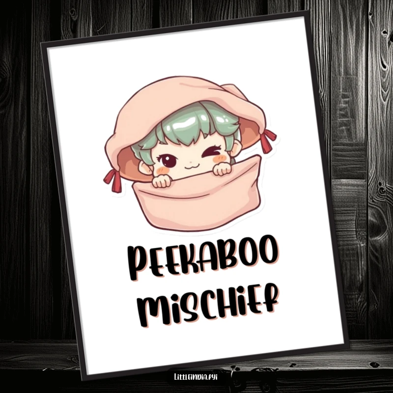 Funny Digital Art Print of a mischievous character peeking from a colorful market stall, offering humorous playful decor.