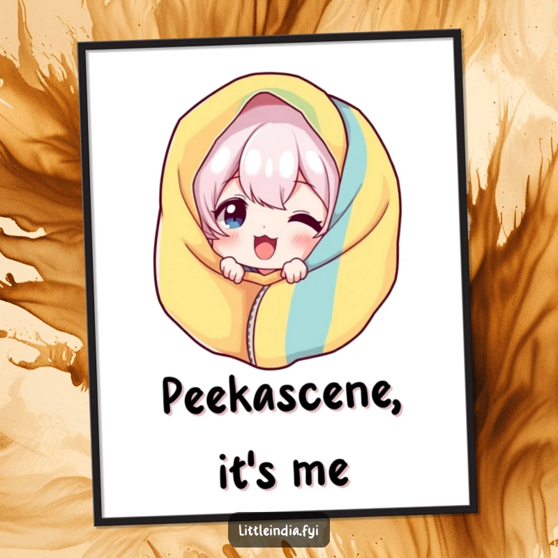 Funny Giggling Digital Art Print: Character playfully peeking from behind a vibrant fabric, offering instant joy and amusement.