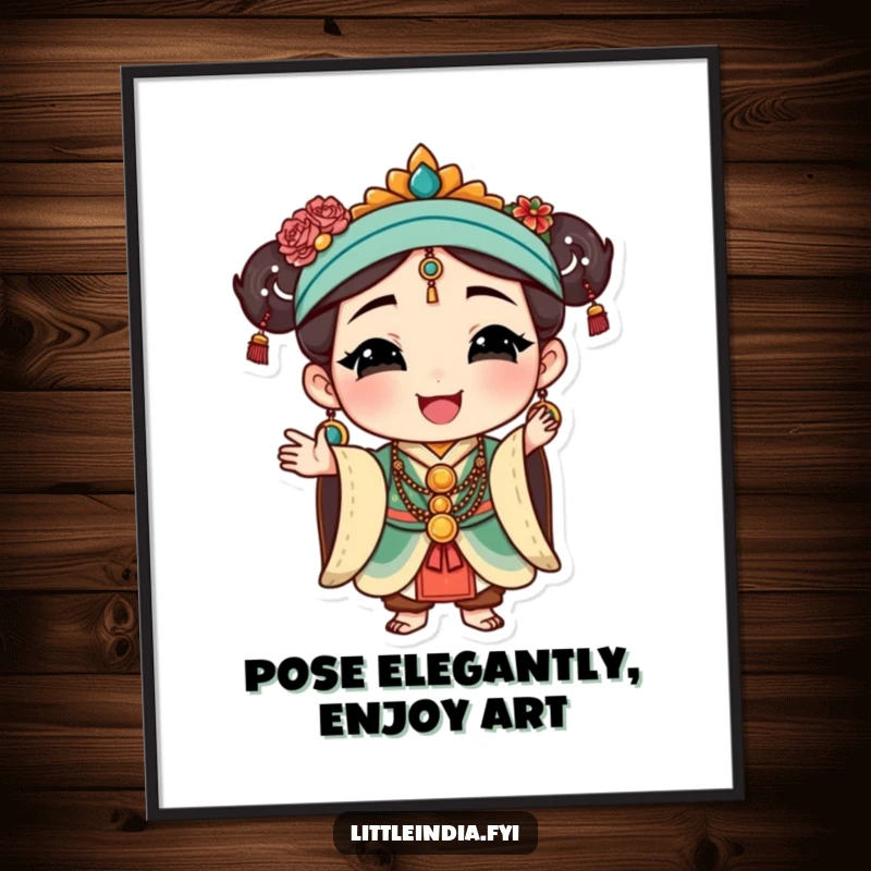 Funny Cultural Art Print: Happy character wearing traditional jewelry, striking a graceful pose, offering instant elegance.