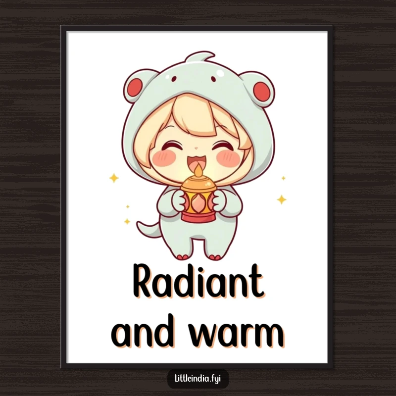 Funny Digital Art Print of a joyous character holding a small decorative lamp with a warm glow, ready for instant download, a radiant funny gift.