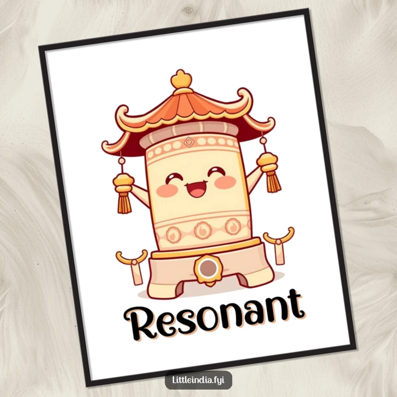 Funny digital art print of a happy temple bell character ringing with pure joy, offering a clear resonance and a comforting sense of vibrant, uplifting happiness.