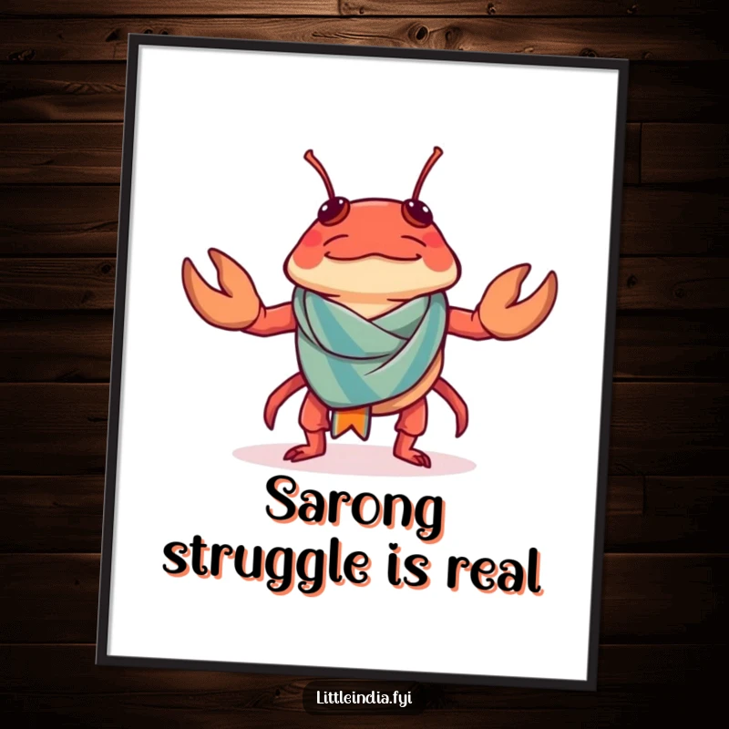 Funny Chilli Crab Digital Art Print of a confused chilli crab trying to wear a tiny sarong.