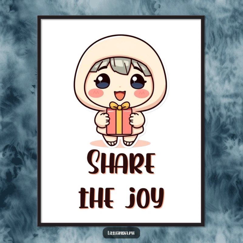 Funny Digital Art Print: A happy character beaming with a generous smile offers a small gift, full of warmth.