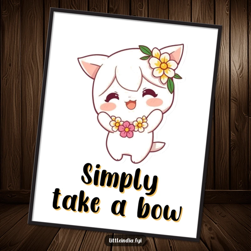 Funny Digital Art Print: Cheerful character in a flower garland performs a playful bow, radiating happiness and charm. Instant downloadable funny gift.