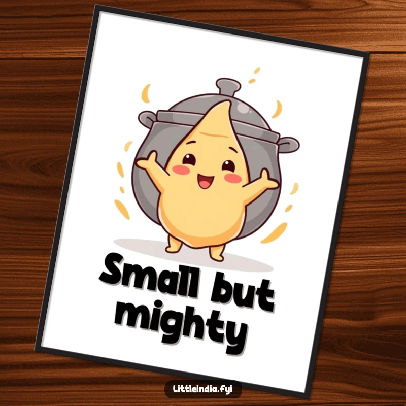 Funny digital art print of a small samosa bravely facing a huge curry pot, symbolizing kitchen courage.