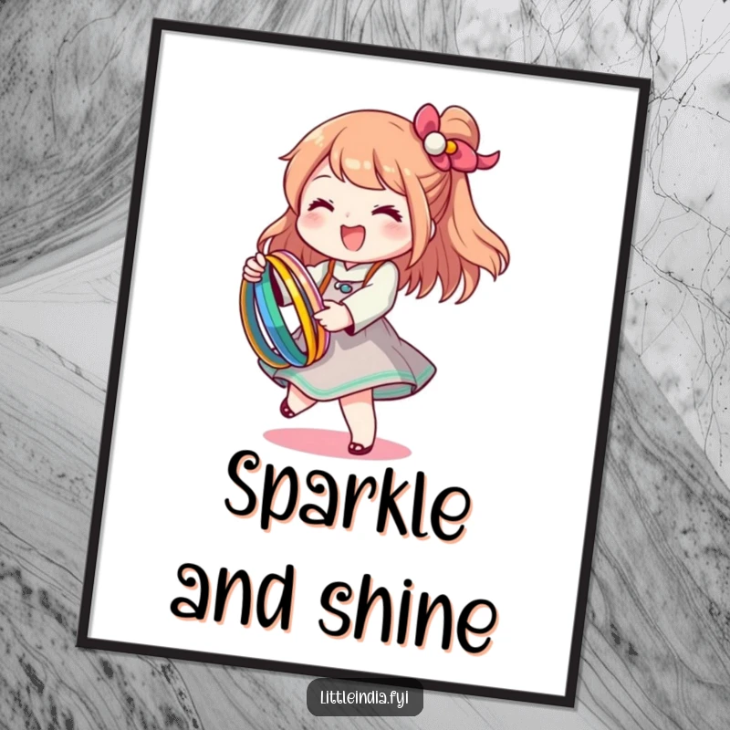 Funny digital art featuring a happy character twirling with colorful bangles, perfect for vibrant, joyful decor.