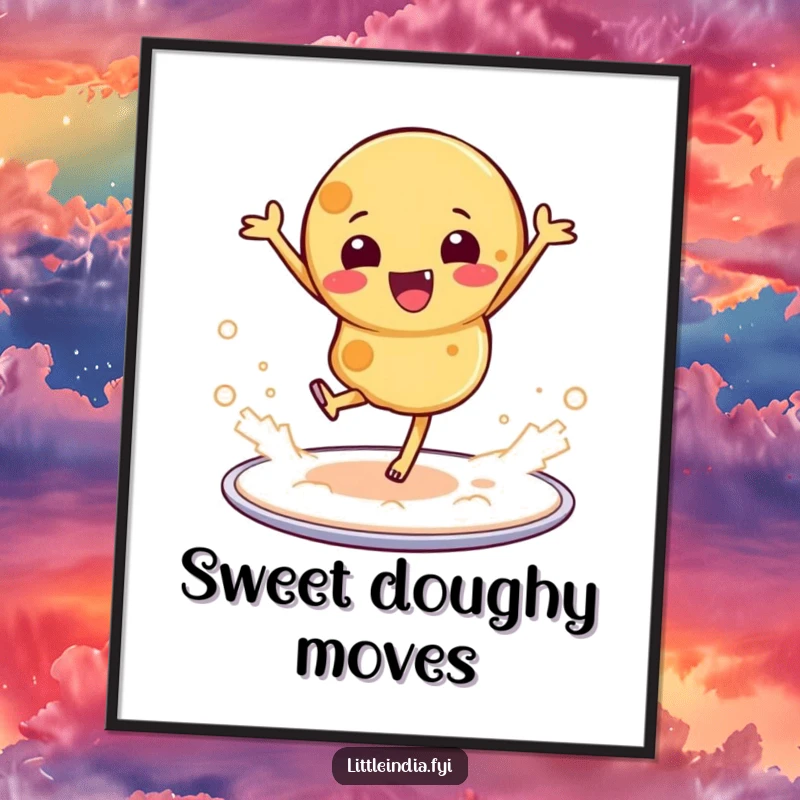 Funny digital art print of a roti dancing on a platter, creating a flour cloud, perfect for kitchen decor.
