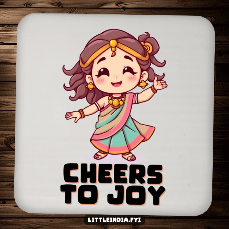 Set of funny coasters with a smiling character in a colorful sari, dancing joyfully, adding a festive touch.