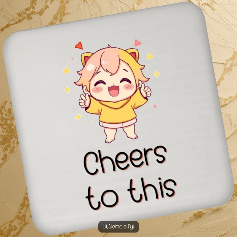 Funny Coaster: Cheerful character striking a vibrant, celebratory pose, perfect for adding a festive touch to tabletops.