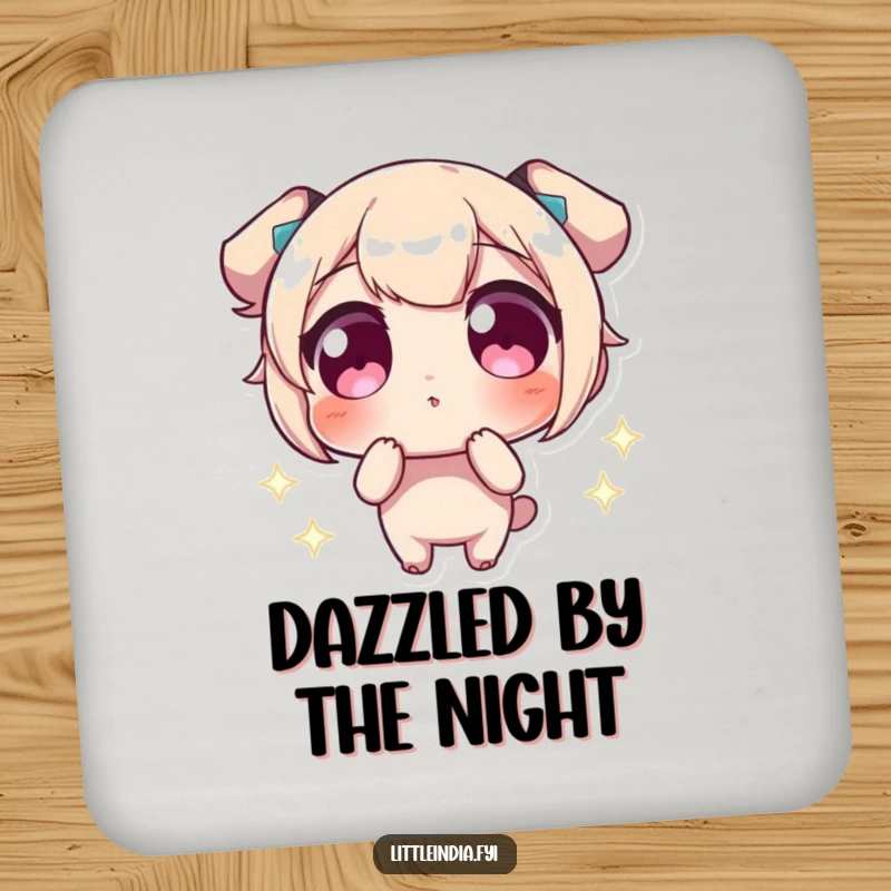 Funny Coaster featuring a character with wide eyes amazed by bright, sparkling lights, protecting surfaces humorously.
