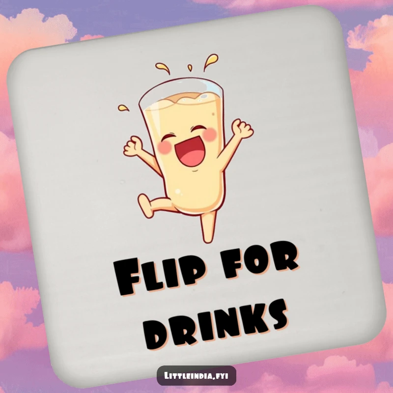 Funny Teh Tarik Coaster displaying a laughing glass in a somersault pose, offering protection and humor for tables.