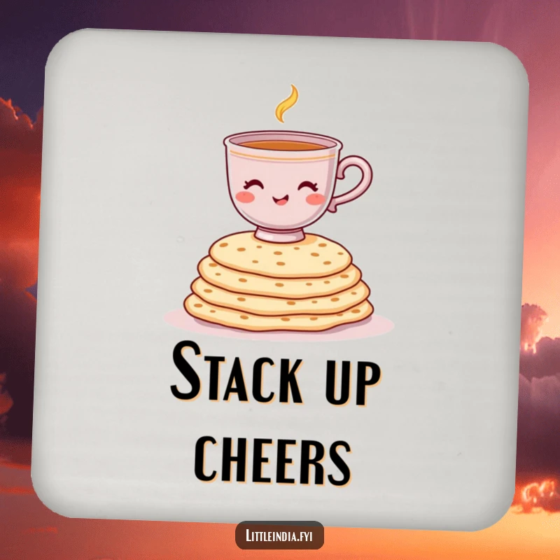 Funny drink coaster featuring a cheerful chai cup balancing on a stack of chapati, protecting your furniture.