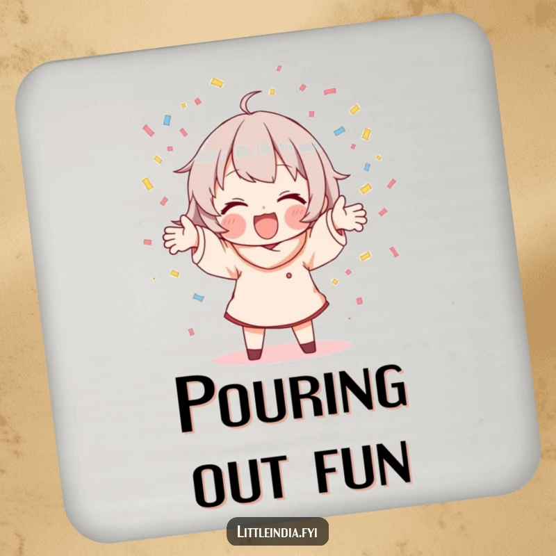 Funny drink coasters illustrating a character joyfully scattering colorful confetti, adding festivity to surface protection.