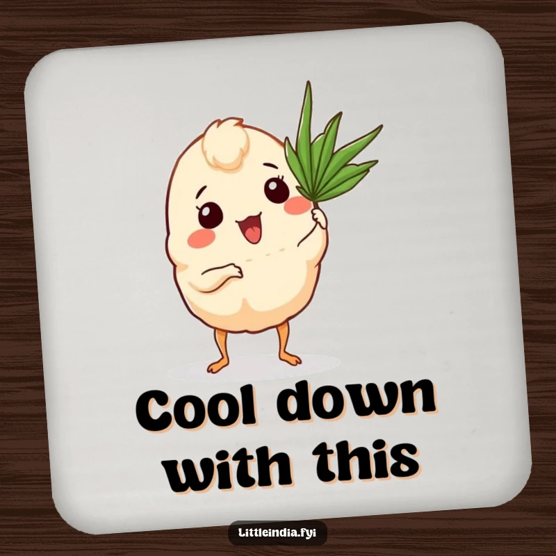 Funny Curry Puff Coaster with a curry puff and tiny legs fanning itself with a palm frond.