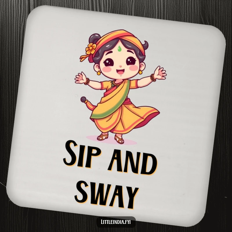 Funny drink coasters showcasing a happy character in a bright sari, dancing joyfully, perfect for parties.