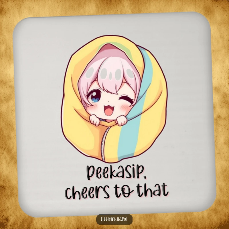 Funny Giggling Coaster: Character playfully peeking from behind a colorful fabric, protecting surfaces with humor.